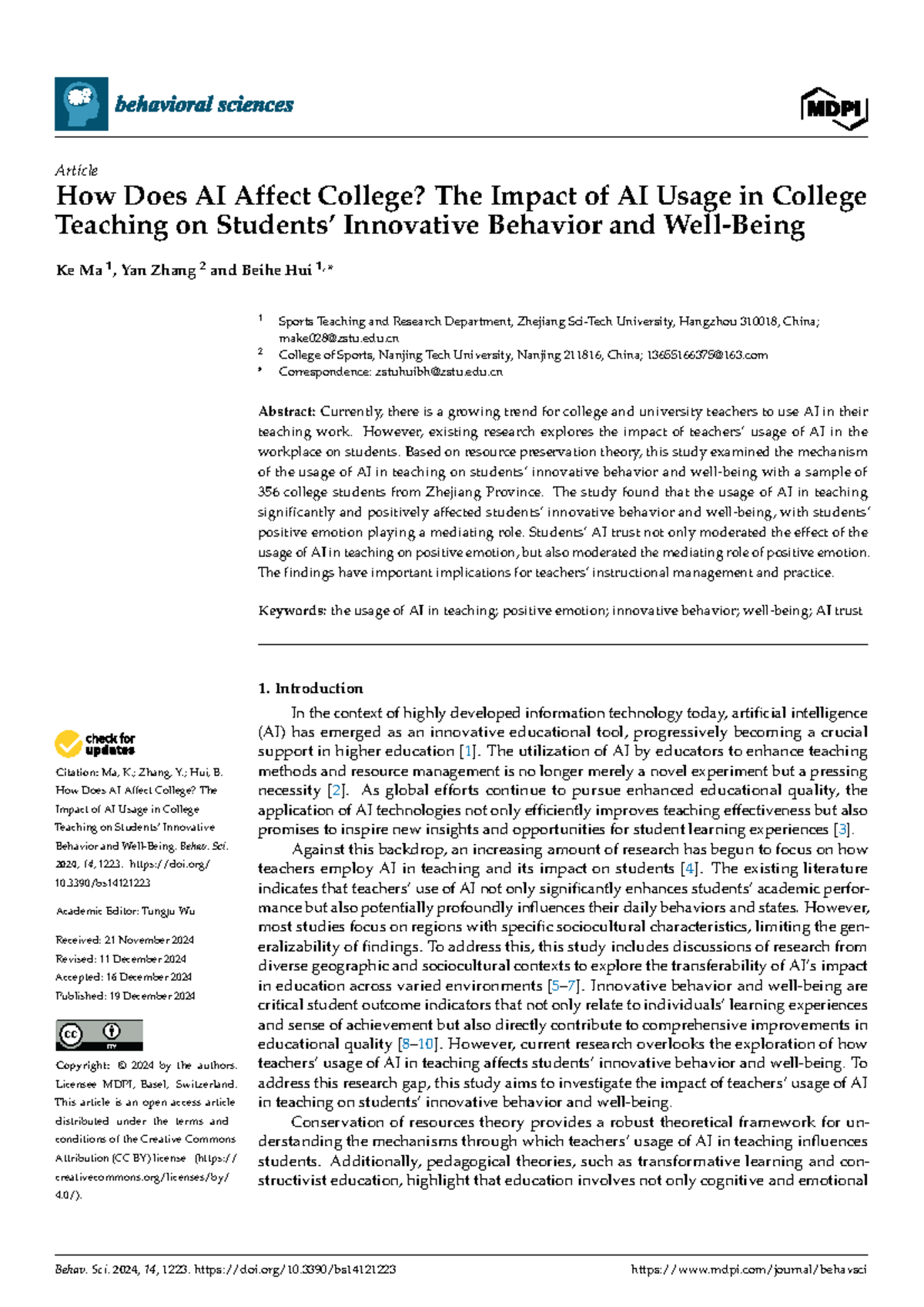 AI in College Teaching: Impact on Innovation and Student Behavior ...
