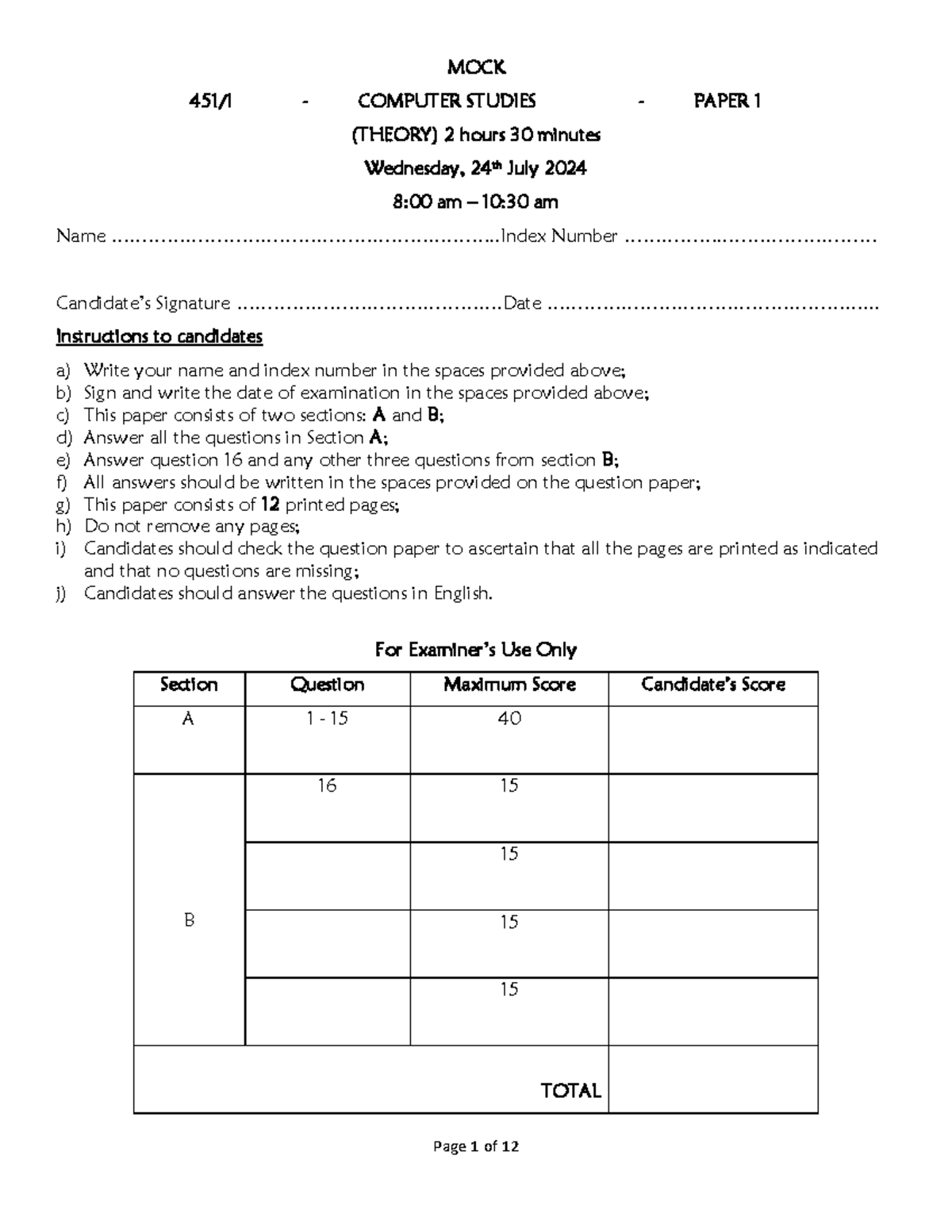 Strath MOCK Computer Studies Paper 1 (Theory) - July 2024 - Studocu