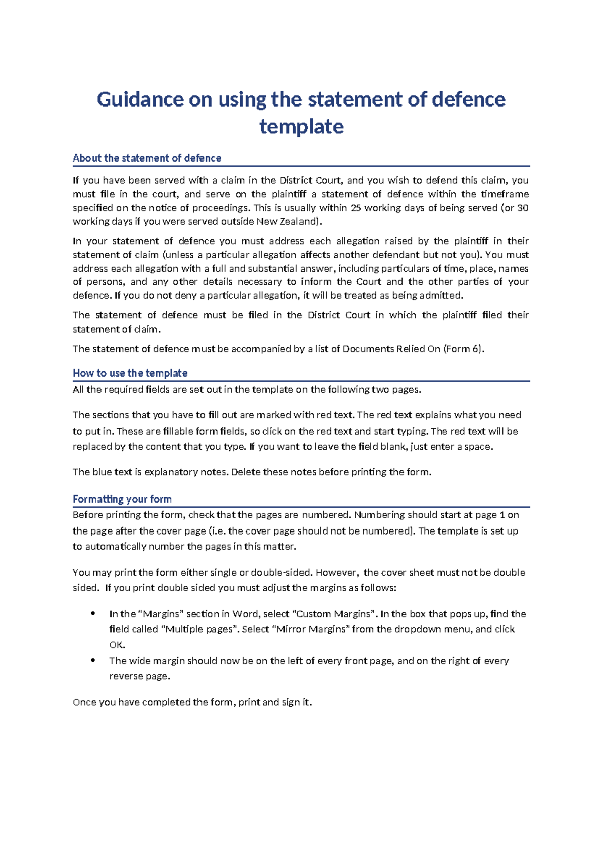 Guidance on Statement of Defence Filing in District Court - Studocu