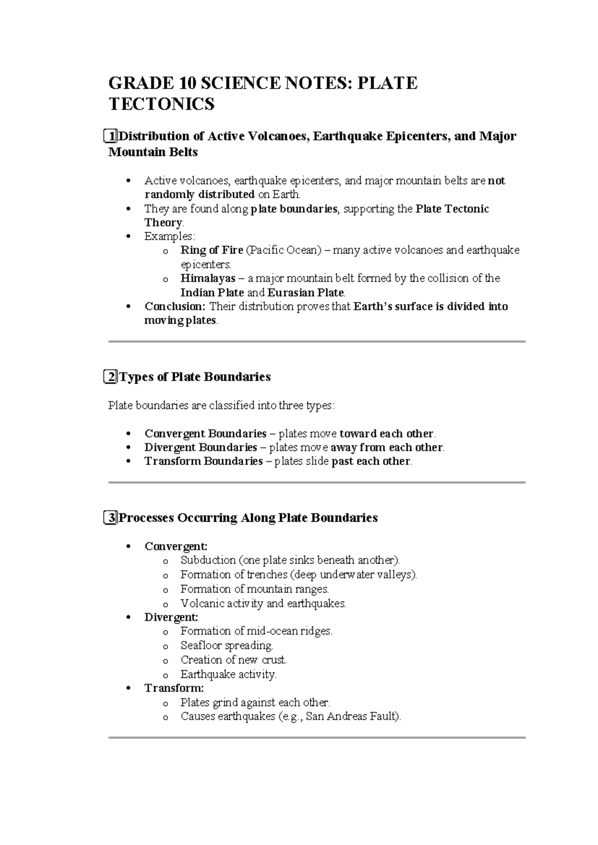 GRADE 10 SCIENCE NOTES: PLATE TECTONICS & EARTH PROCESSES - Studocu