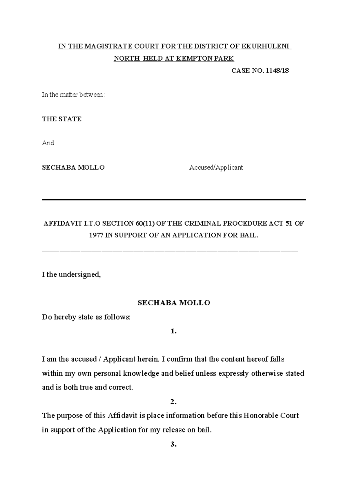 BAIL APPLICATION AFFIDAVIT - SECHABA MOLLO CASE NO. - Studocu