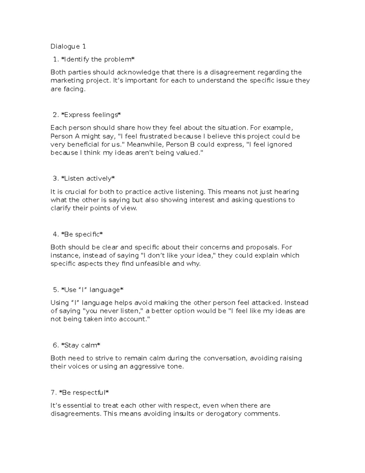 Dialogue 1 ingles - Dialogue 1 1. Identify the problem Both parties ...