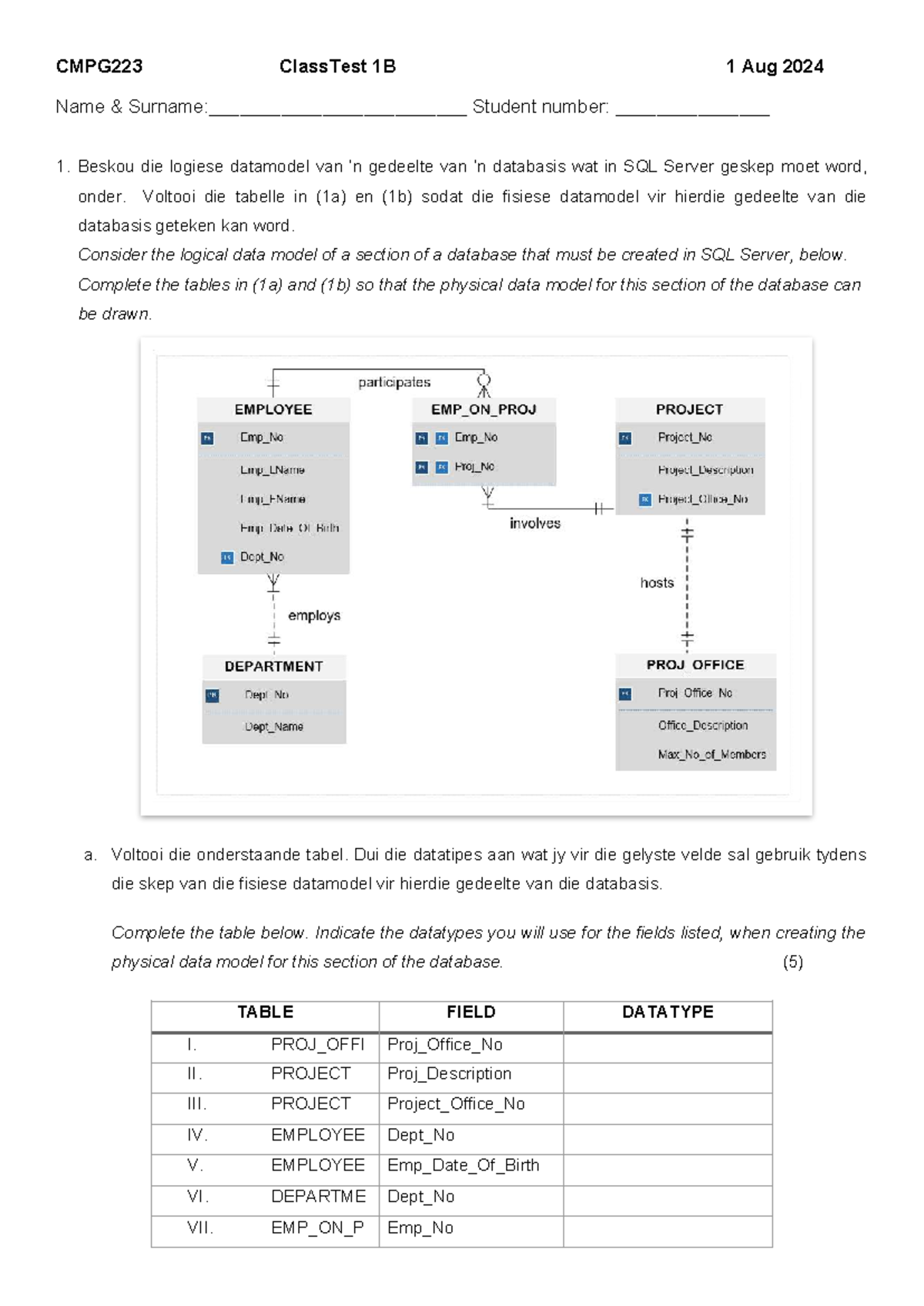 CMPG223 Class Test 1B: Database Design & SQL Concepts (Ch 12-14) - Studocu