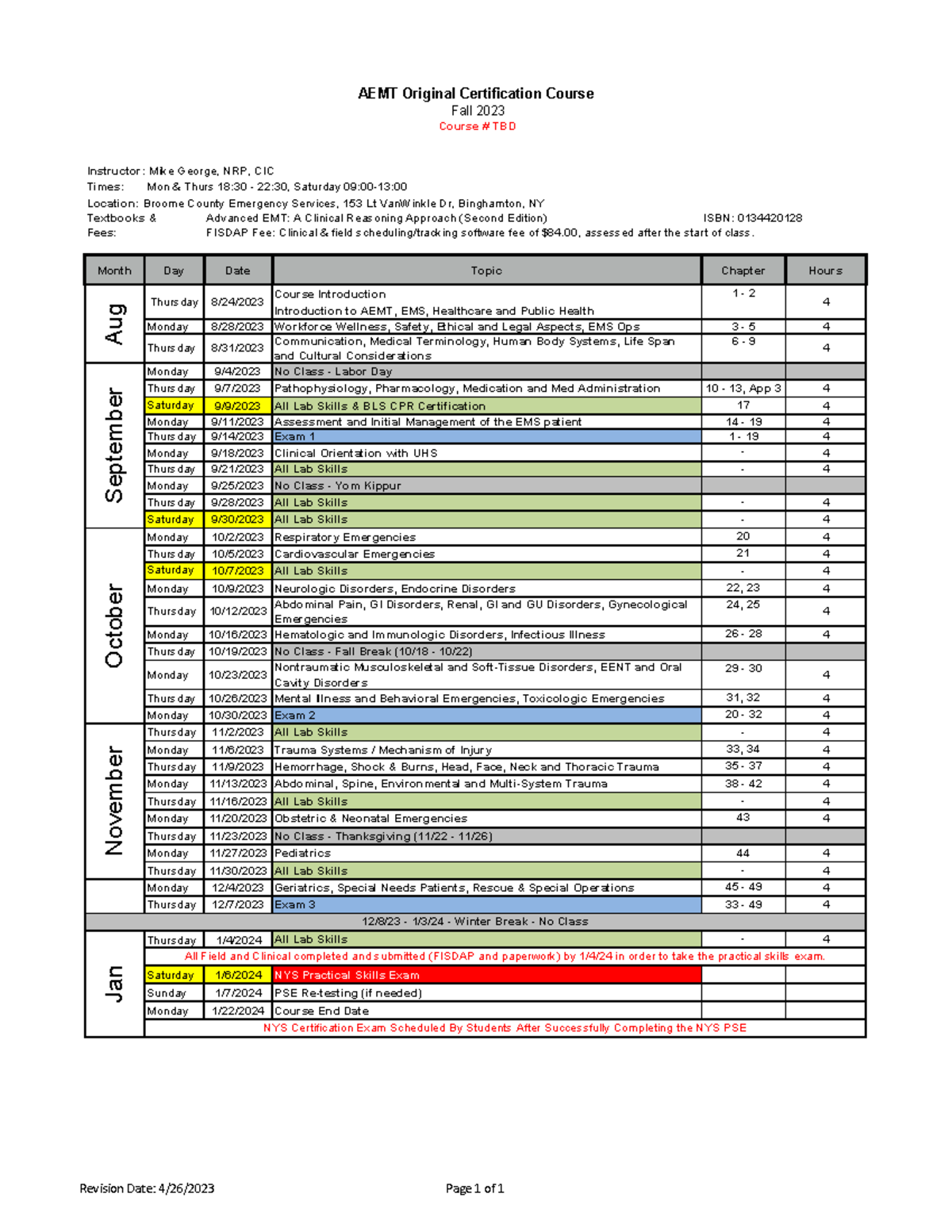 AEMT Syllabus - Instructor: Mike George, NRP, CIC Times: Mon & Thurs 18 ...