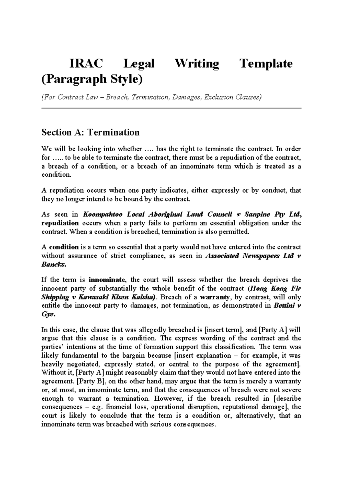 Assessment 2 Template Answer (by Chat GPT) - ️ IRAC Legal Writing ...