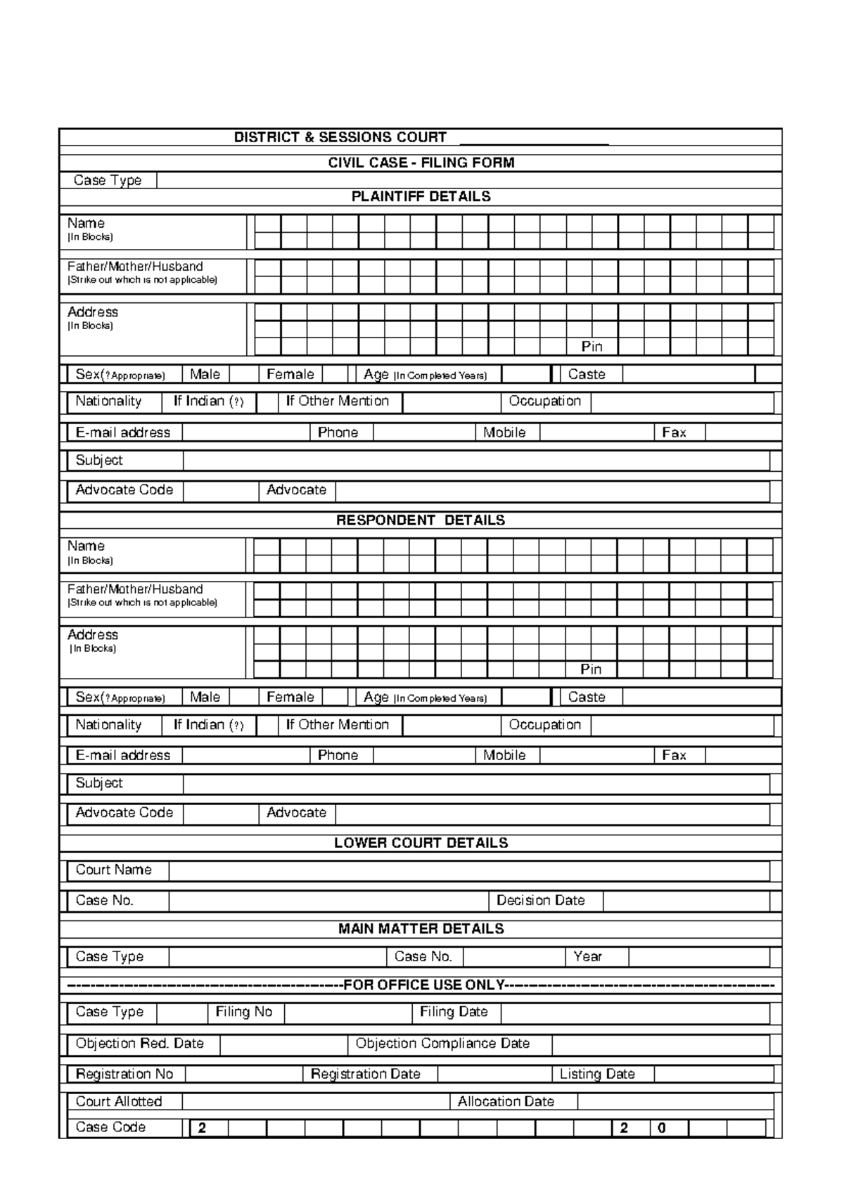 Filing Form - DISTRICT & SESSIONS COURT ___________________ CIVIL CASE ...