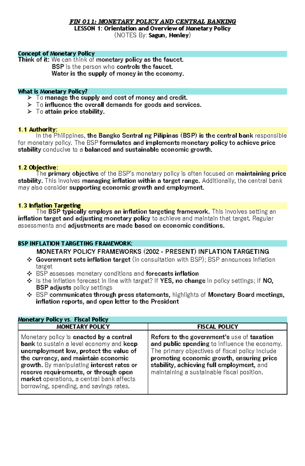 FIN 011 (Monetary Policy & Central Banking) - P1 Study Notes on Money ...