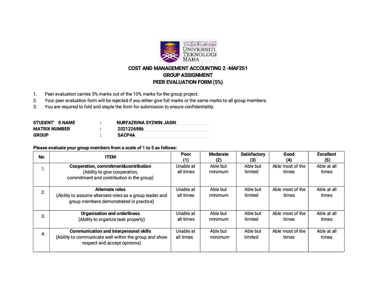 Peer Evaluation Form MAF251 - COST AND MANAGEMENT ACCOUNTING 2 -MAF ...