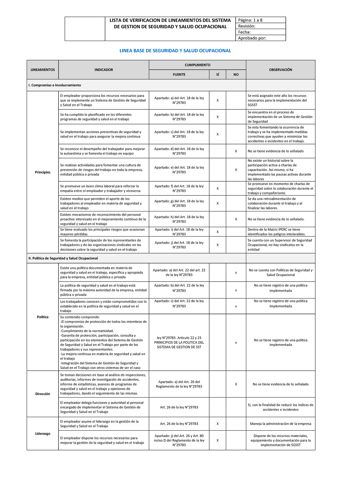 Lista de Verificación - Línea Base SSyOH - LEY N°29783 - FEI - Document Preview