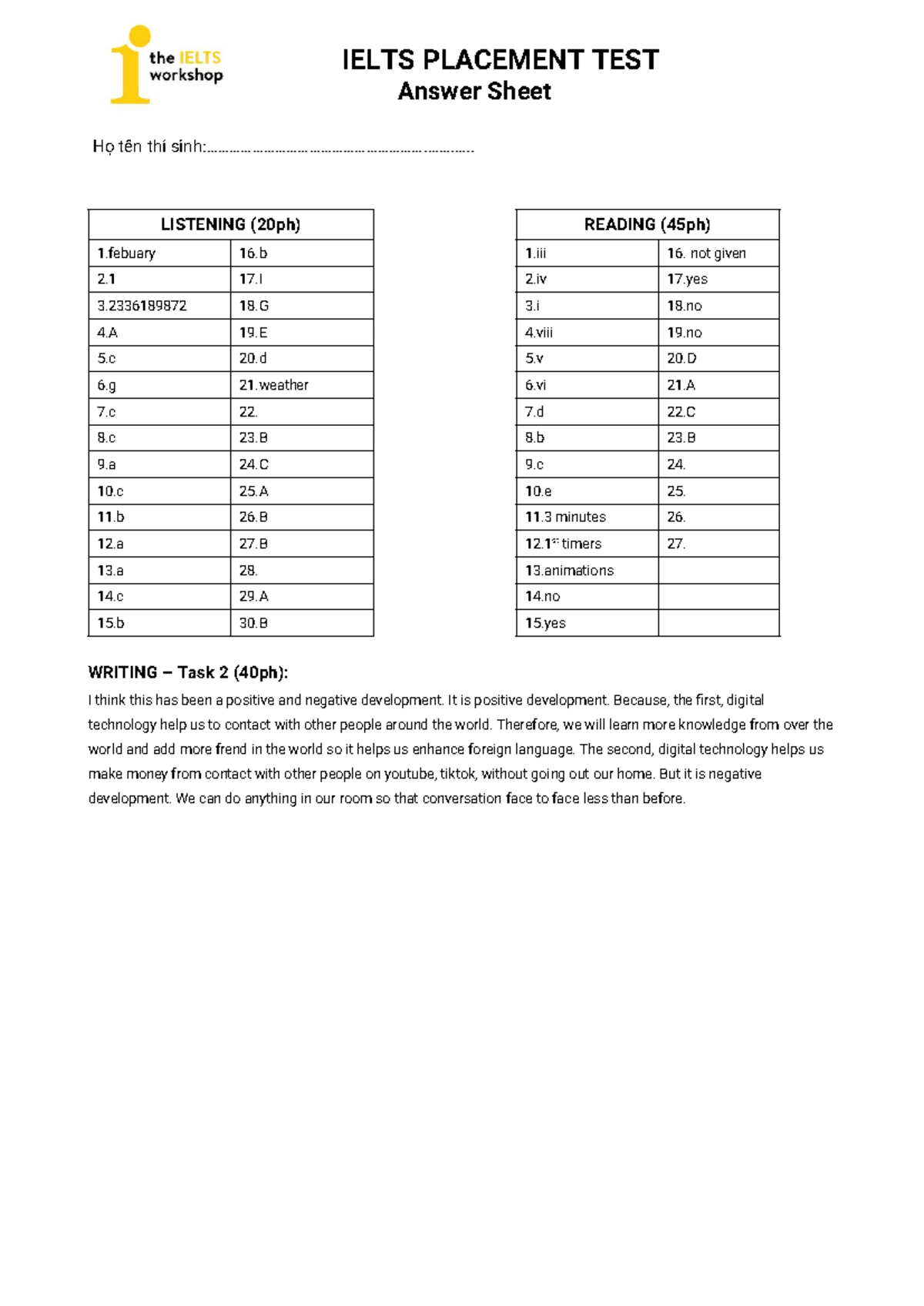 IELTS PLACEMENT TEST Answer Sheet - Listening & Writing Tasks - Studocu