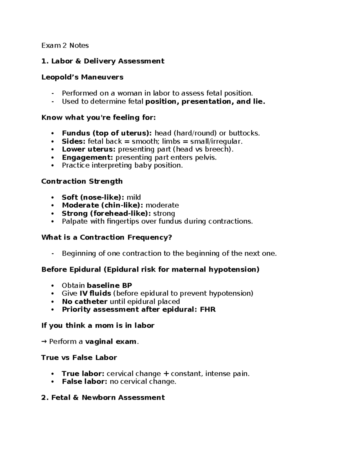 Exam 2 Notes: Labor & Delivery Assessment and Postpartum Care - Studocu