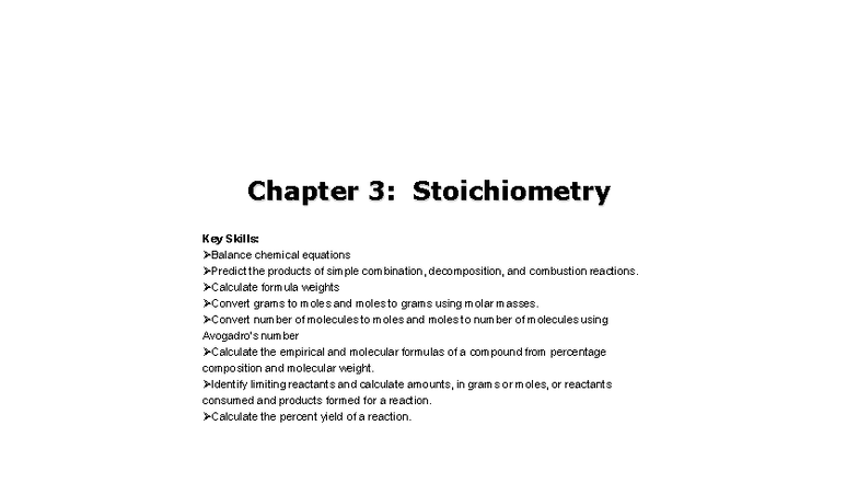 Chapter 03: Stoichiometry - Key Skills and Concepts - Studocu