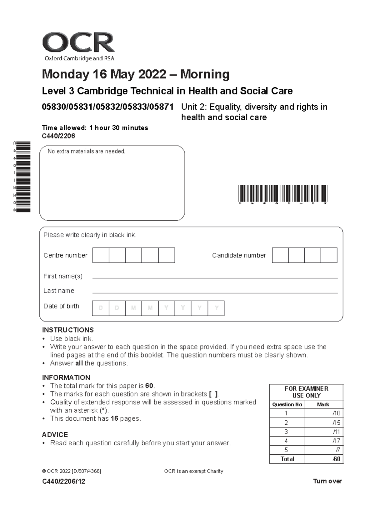 OCR Level 3 Cambridge Technical Health & Social Care Unit 2: Equality ...