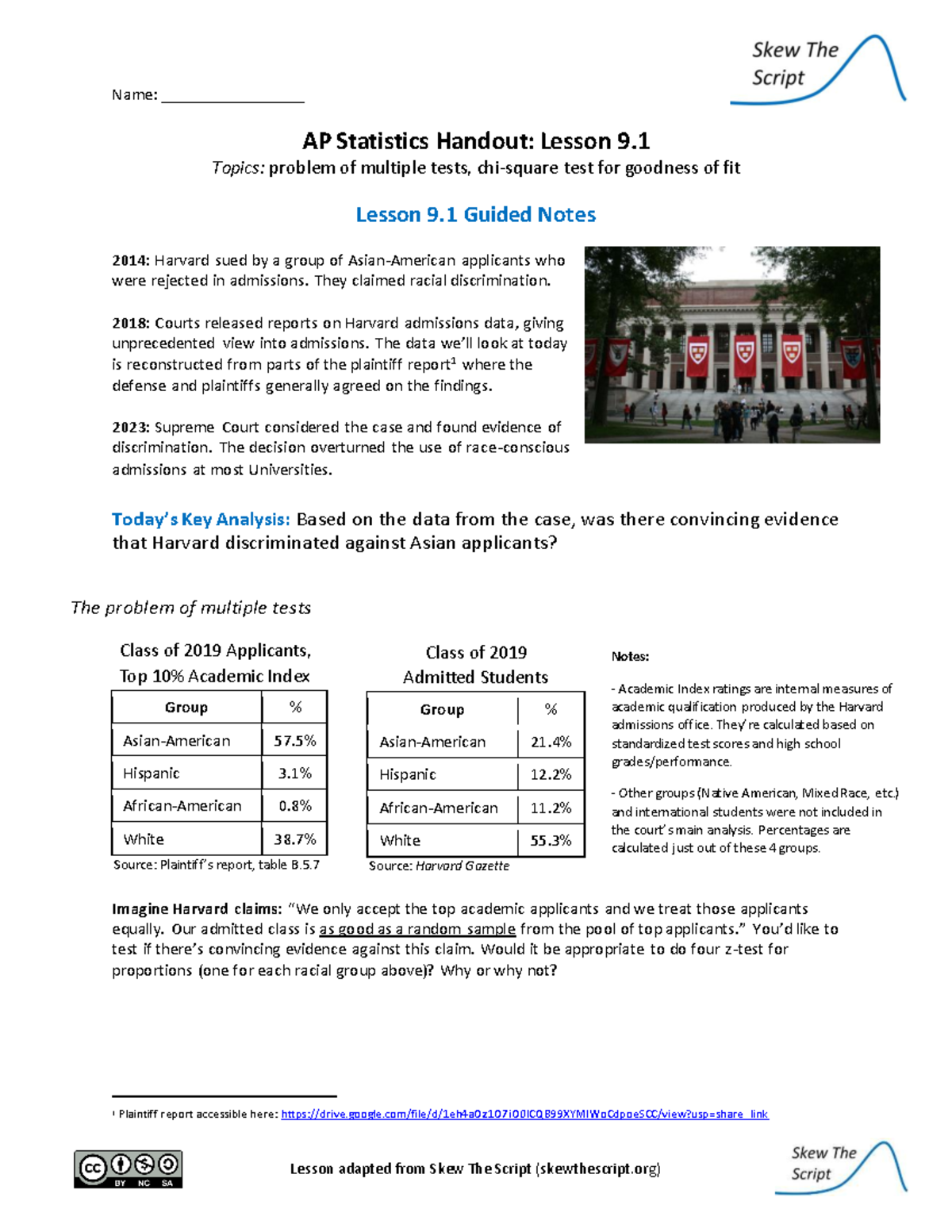 AP Statistics (Lesson 9.1) Guided Notes: Chi-Square Goodness of Fit ...