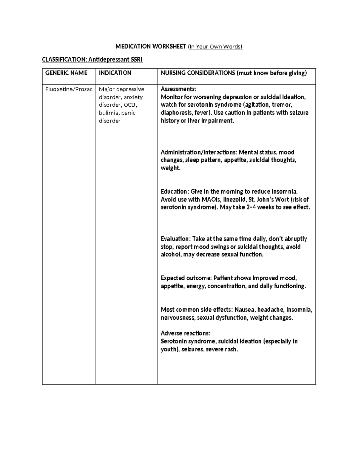 Antidepressant SSRI Medication Worksheet - Key Considerations - Studocu