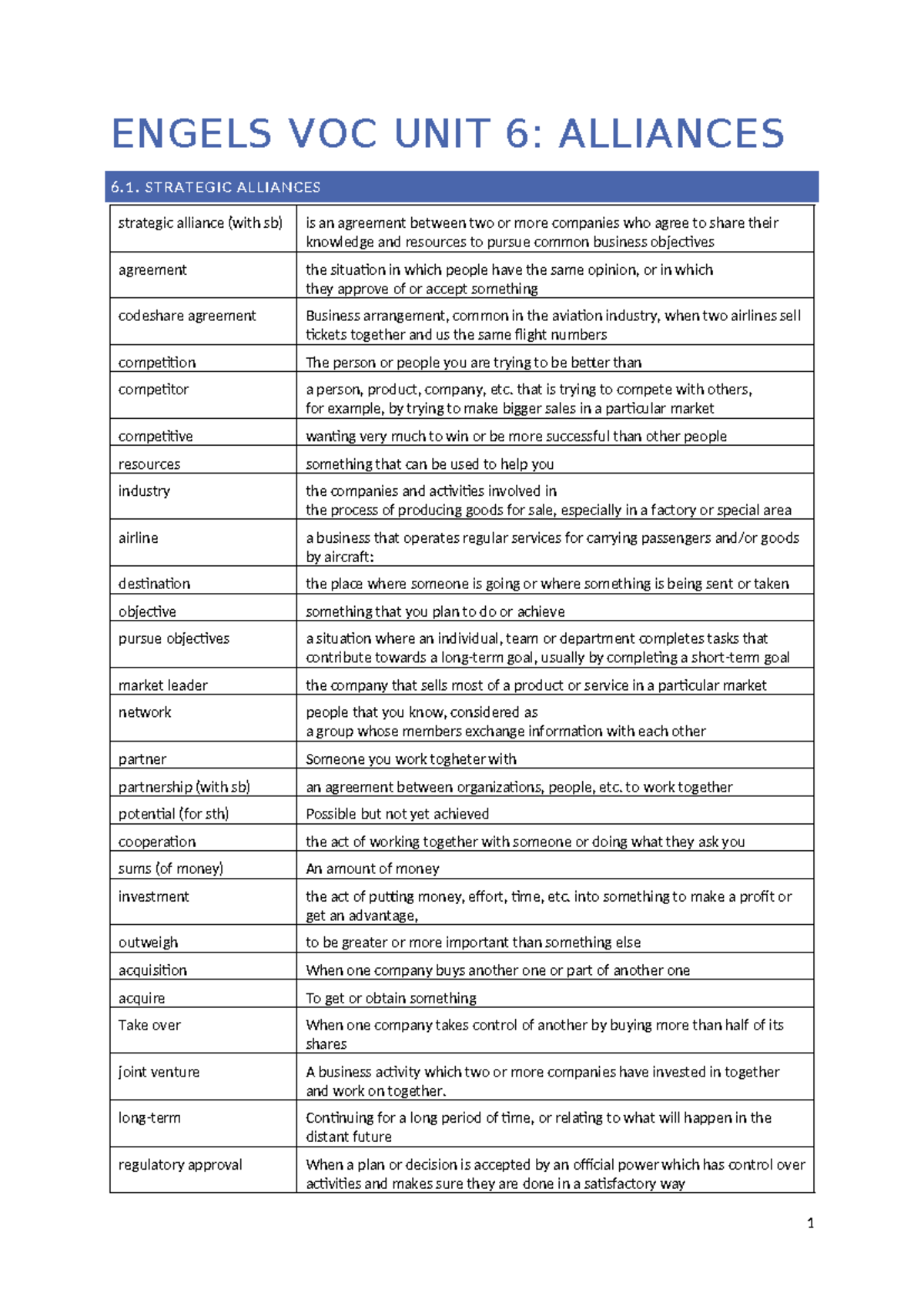 ENGELS VOC UNIT 6: ALLIANCES & BUSINESS PARTNERSHIPS OVERVIEW - Studocu