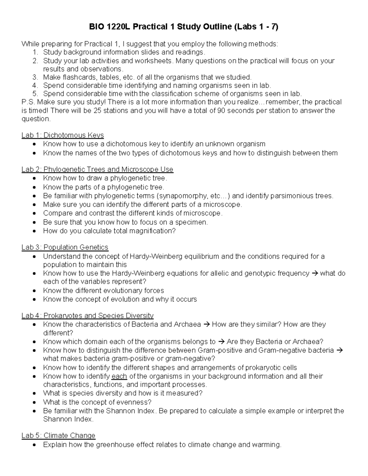 BIO 1220L Practical 1 Study Outline (Labs 1 - 7) - Studocu