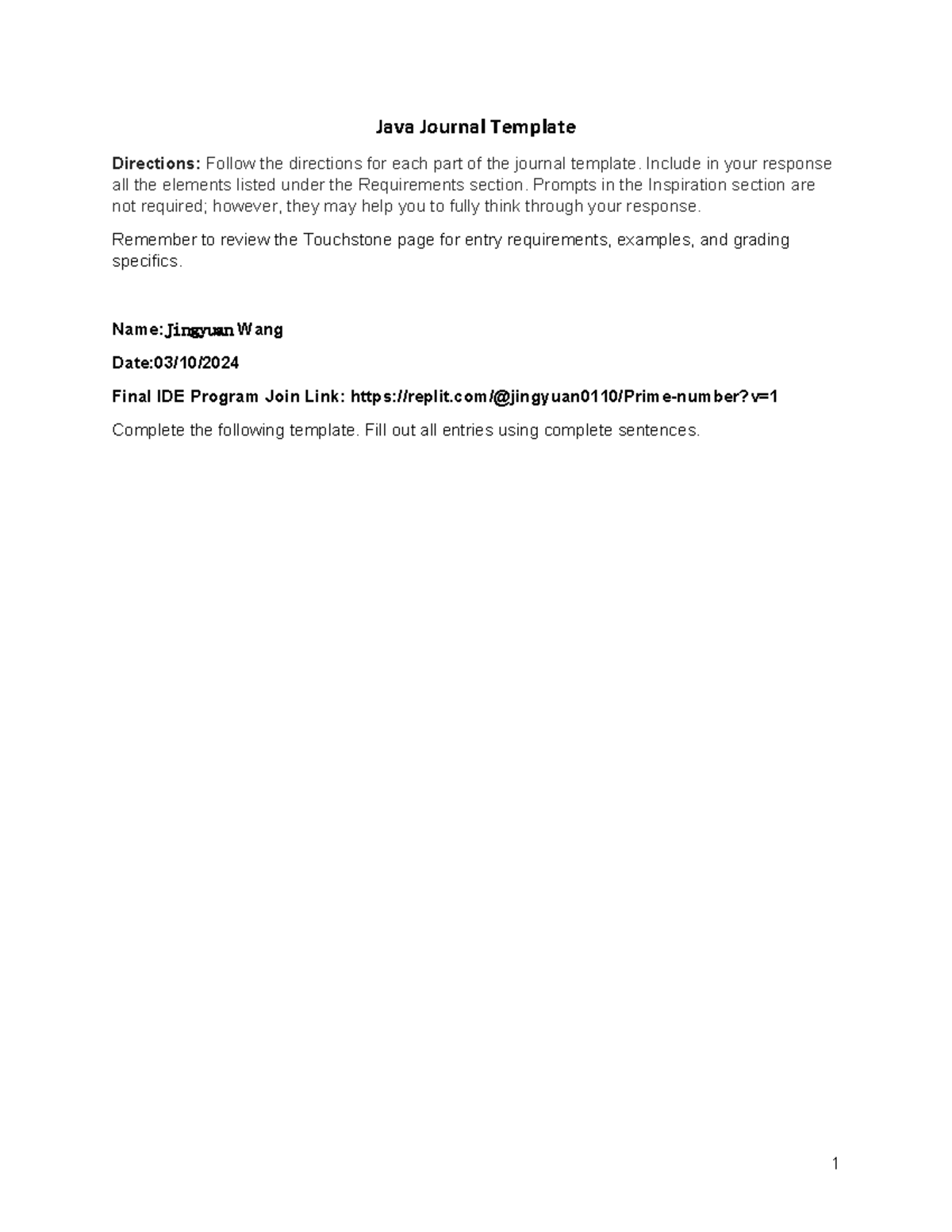 Java Journal Template - Touchstone - Java Journal Template Directions ...