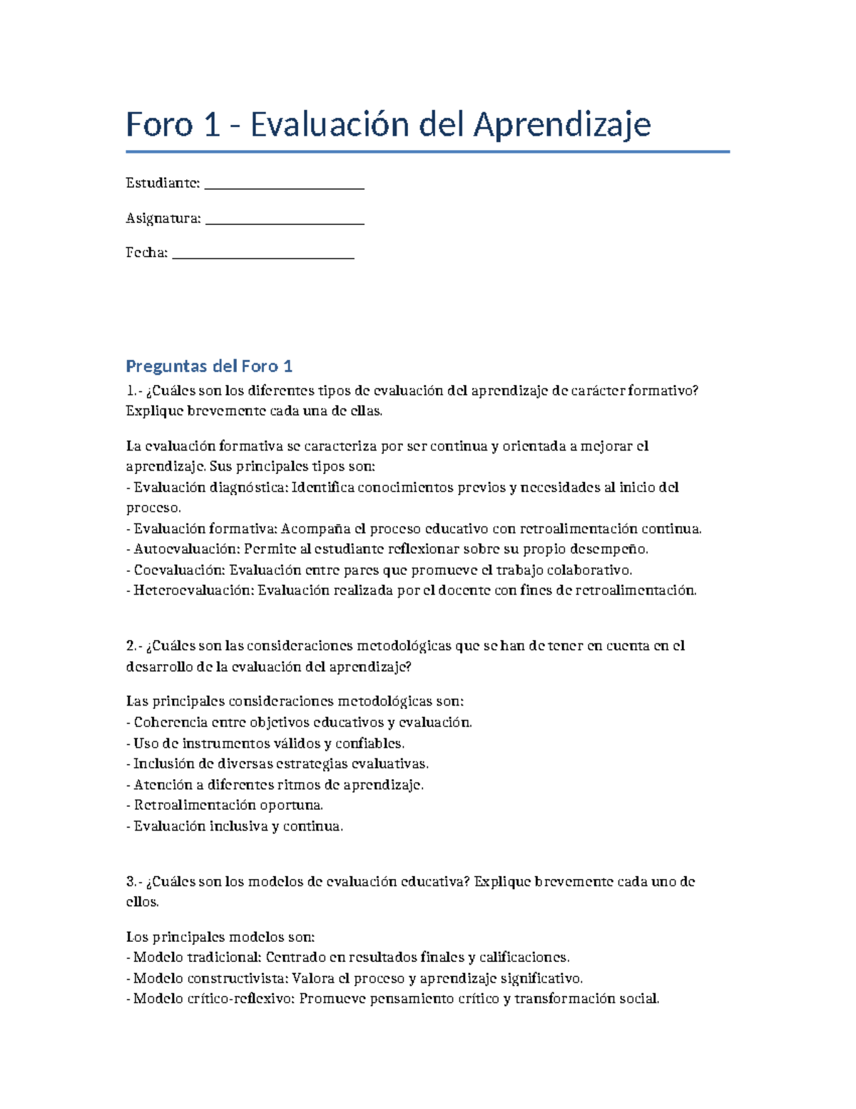 Foro 1: Tipos y Modelos de Evaluación del Aprendizaje - Studocu