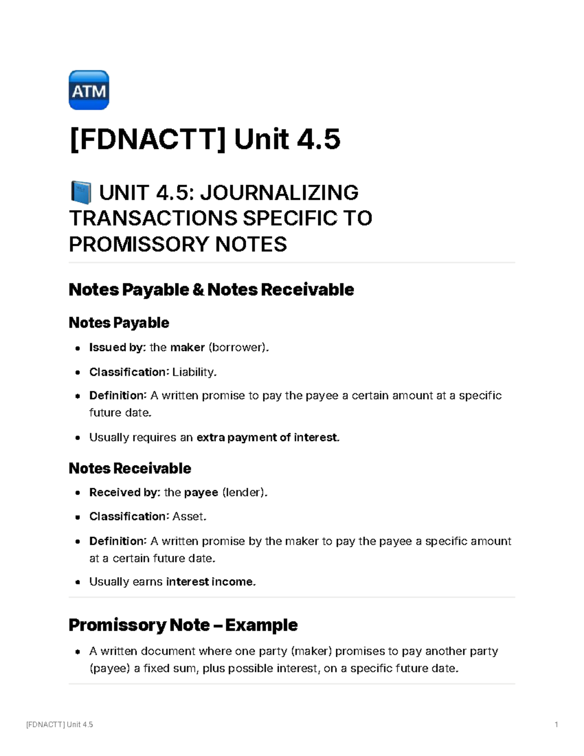 [F Dnacct] Unit 4.5: Journalizing Promissory Notes and Accounts - Studocu