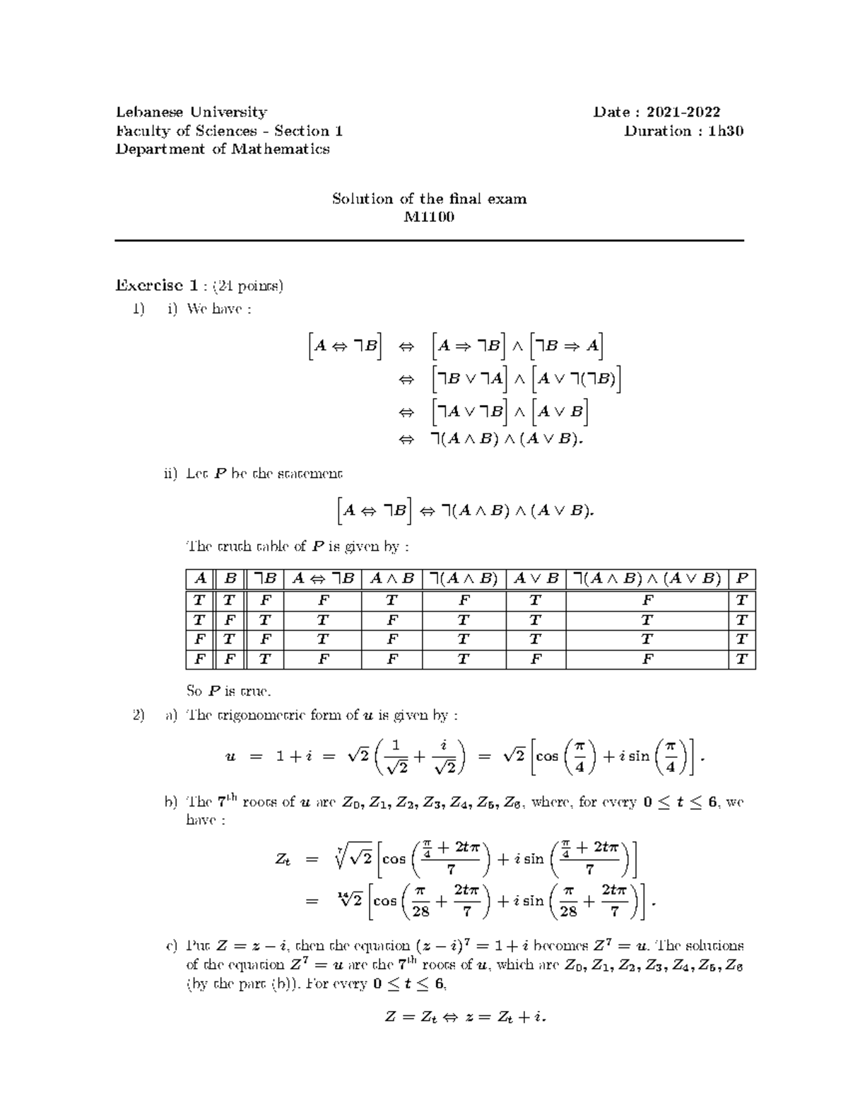 Final Exam Solutions for M1100 - Mathematics Practice - Studocu