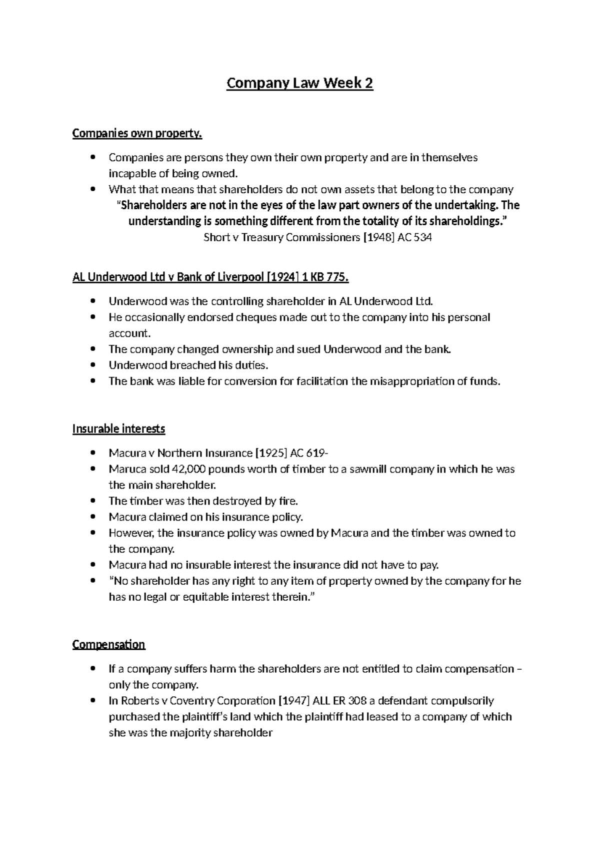 Company Law Week 2 - Key Concepts and Legal Principles Lecture Notes ...