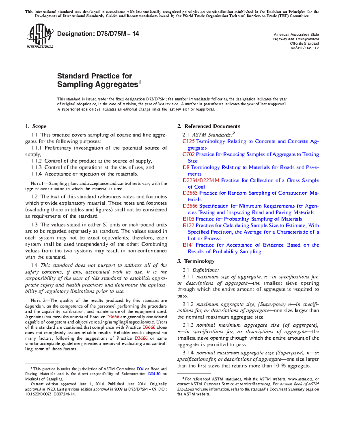 ASTM D75/D75M-14: Standard Practice for Sampling Aggregates - Studocu