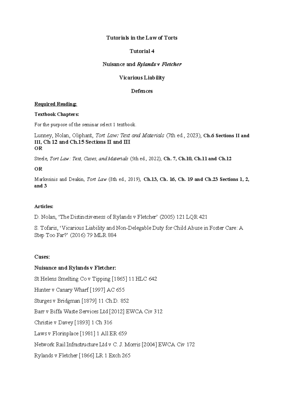 Seminar 4 - Tutorial Template - Tutorials in the Law of Torts Tutorial ...
