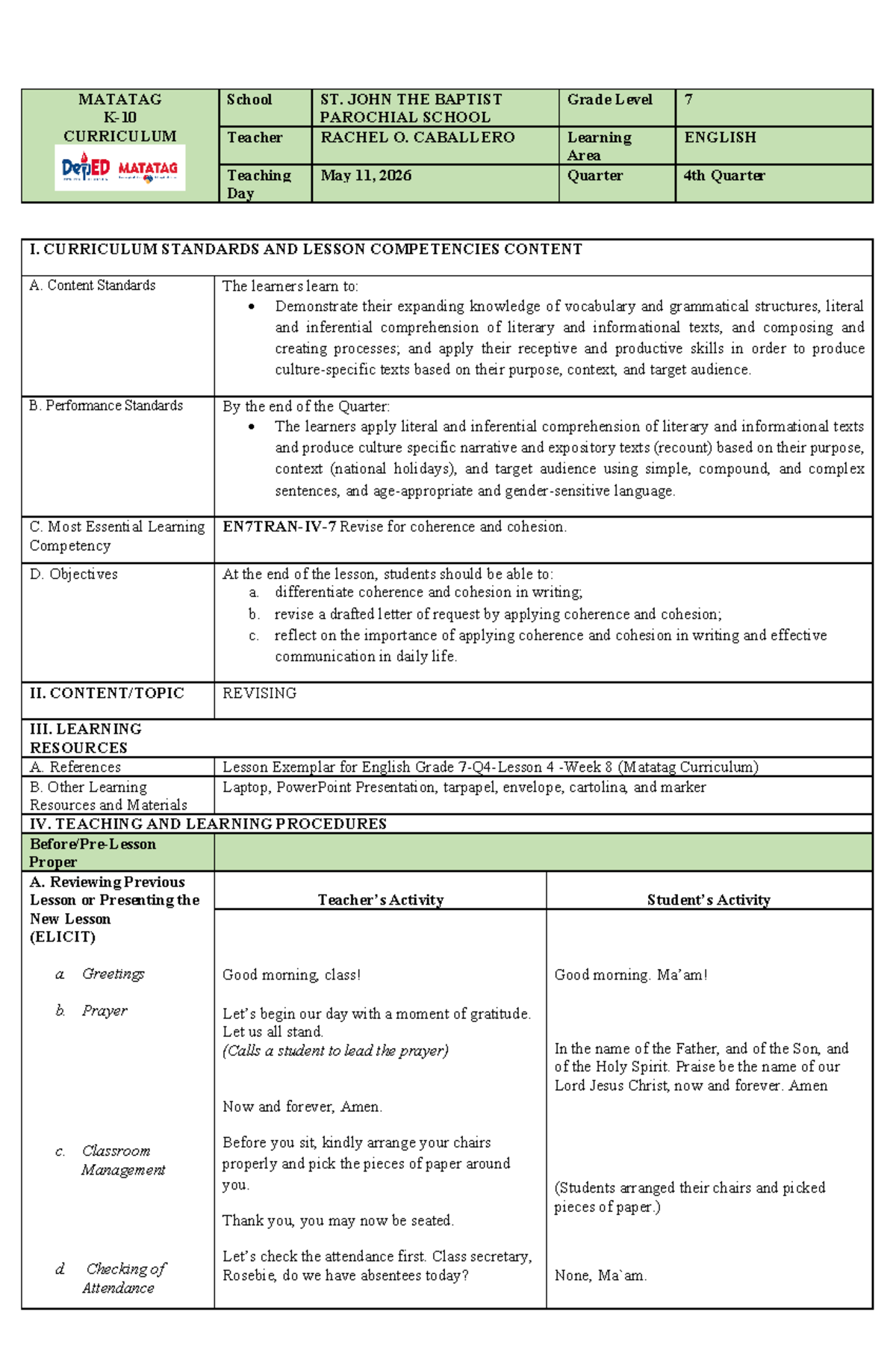DLP-MATATAG 7-Q4-WEEK 8: Coherence & Cohesion in English Writing - Studocu