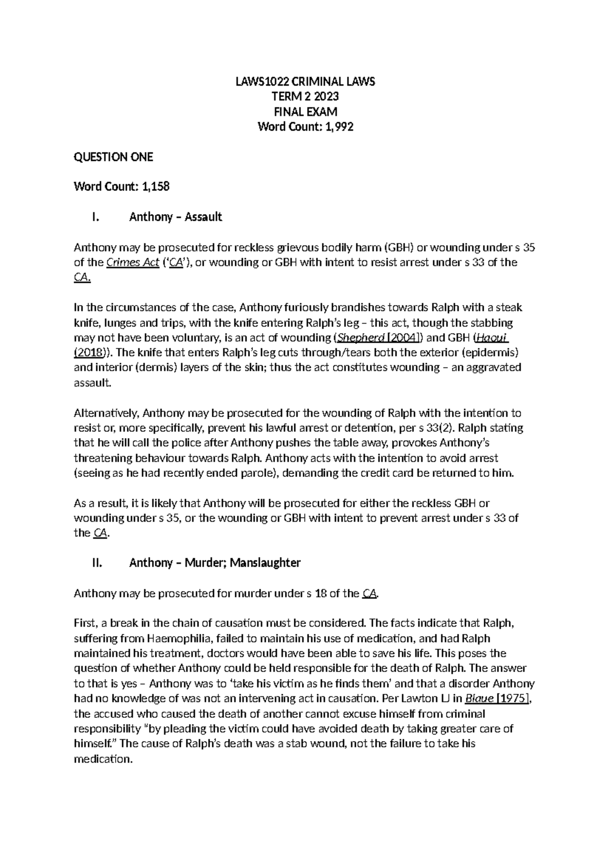 LAWS1022 Criminal Law Final Exam Analysis for Term 2 2023 - Studocu