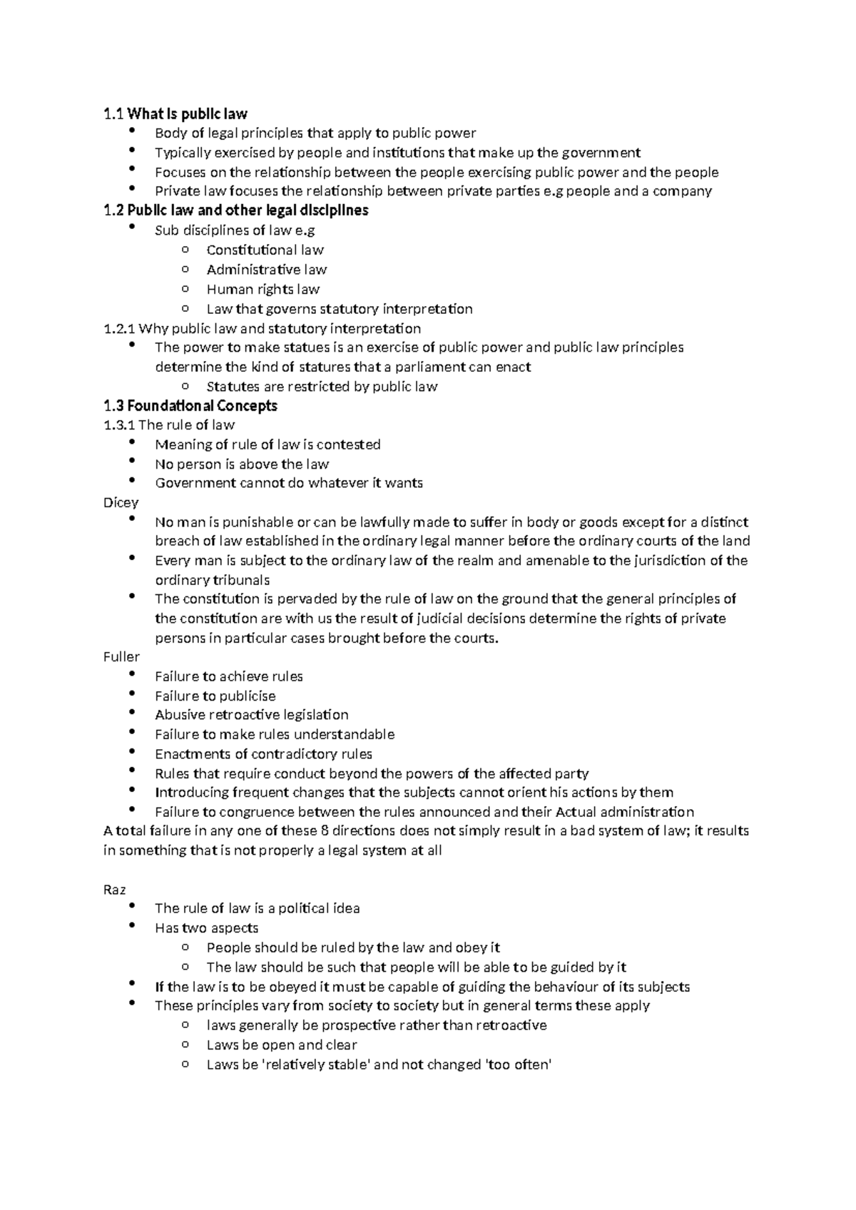 Pub law week 1 notes - 1 What is public law Body of legal principles ...