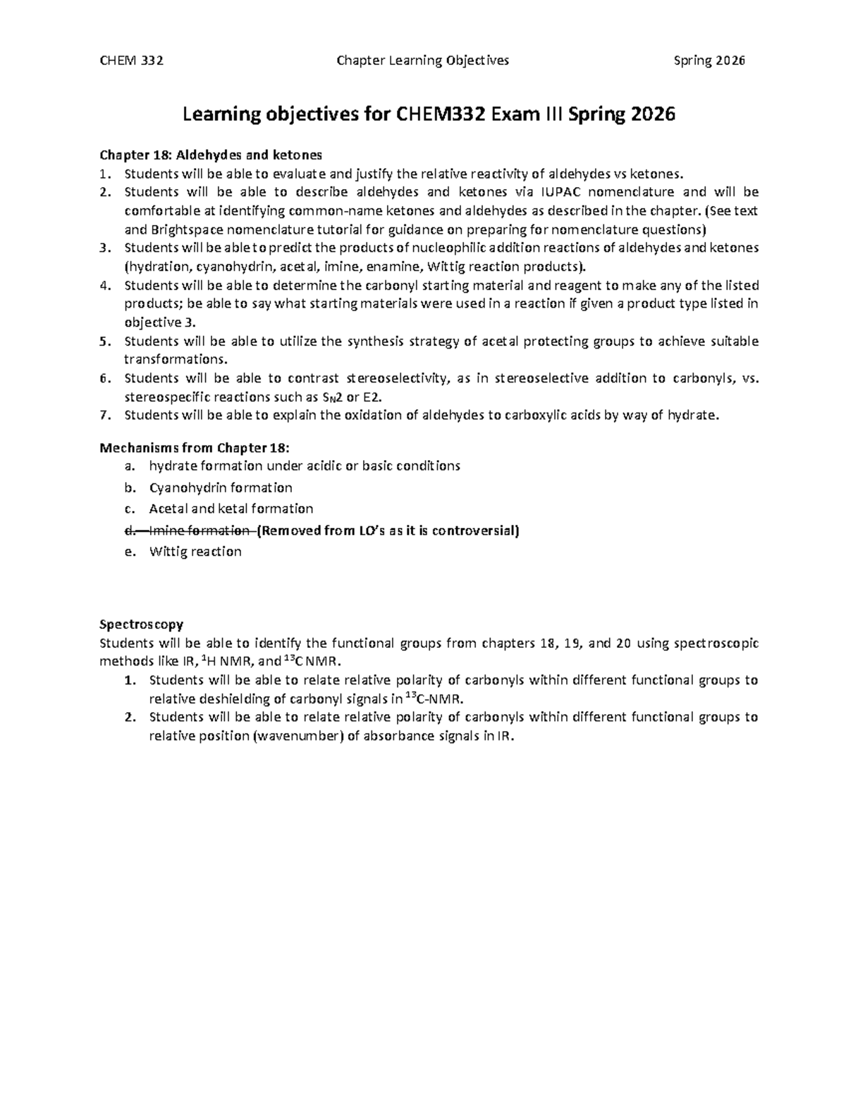 CHEM 332 Chapter 18 Learning Objectives for Spring 2026 Exam - Studocu
