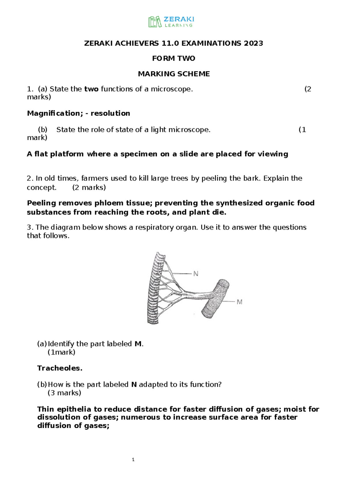 Biology Form 2 - 2023 Examinations Marking Scheme - Studocu