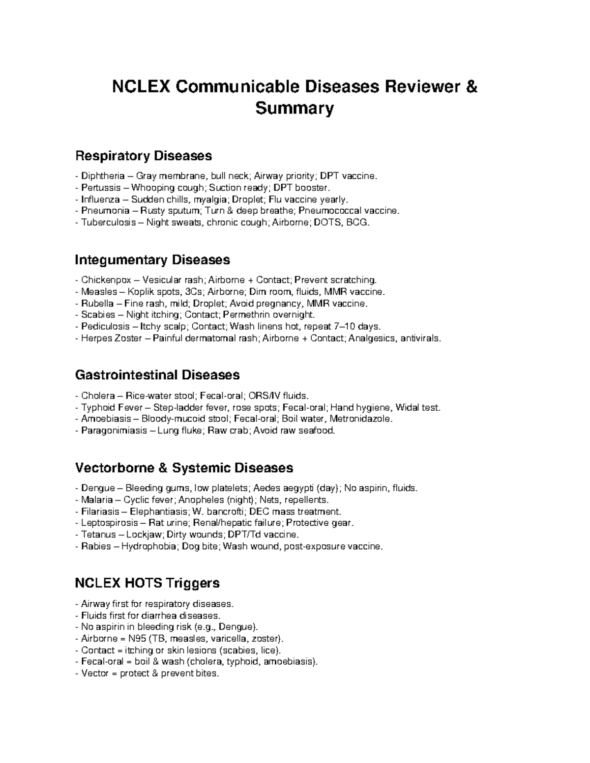 NCLEX Communicable Diseases Reviewer Summary & Key Points - Studocu