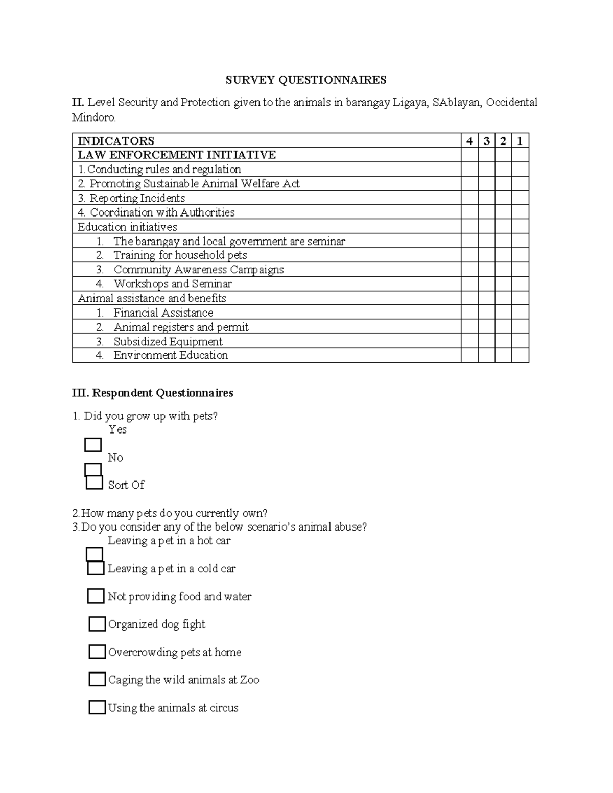 Animal Survey Questionnaire Format for Barangay Ligaya Study - Studocu