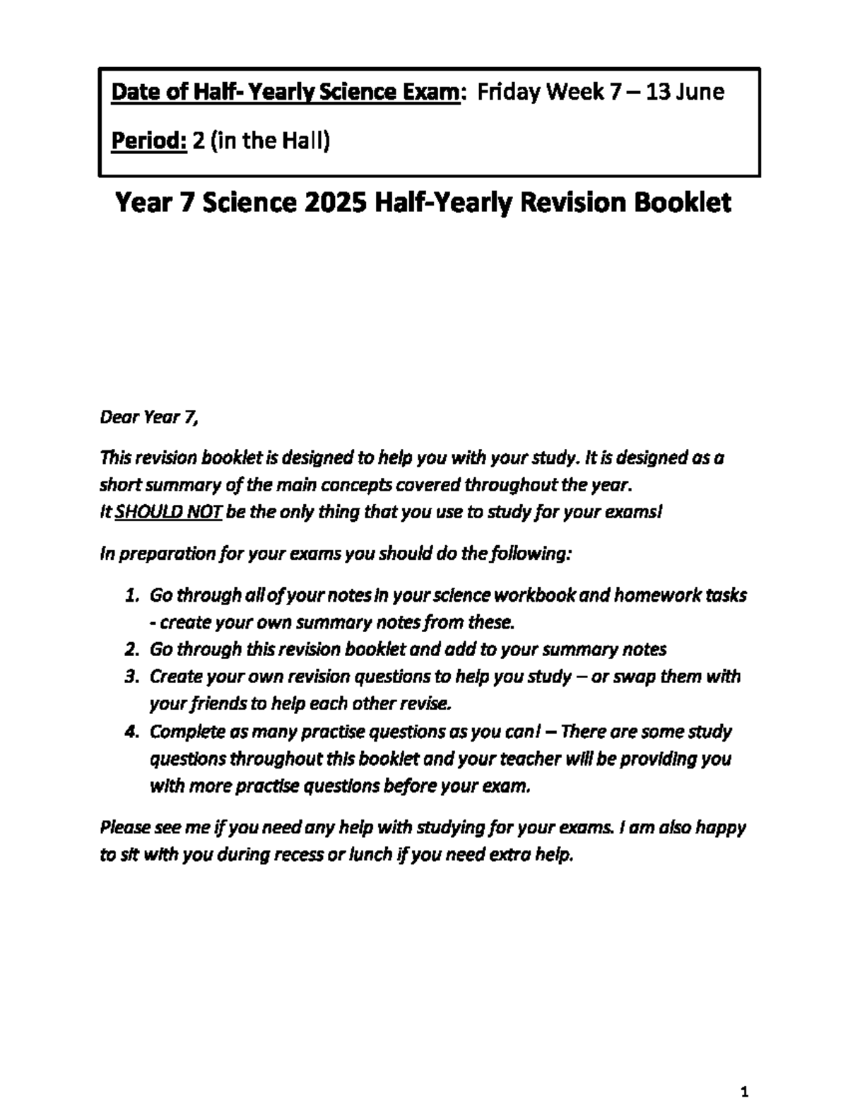 Year 7 Science 2025 Yearly Exam Revision Guide - Studocu