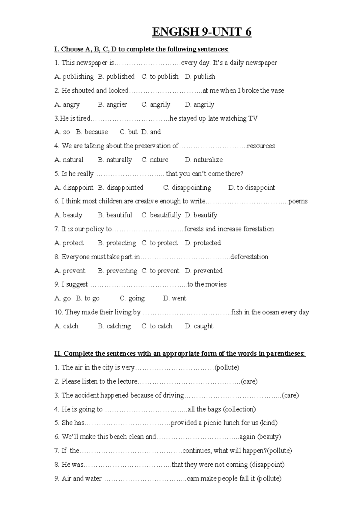 ENGISH 6 Quiz: Sentence Completion & Pollution Exercises - Studocu