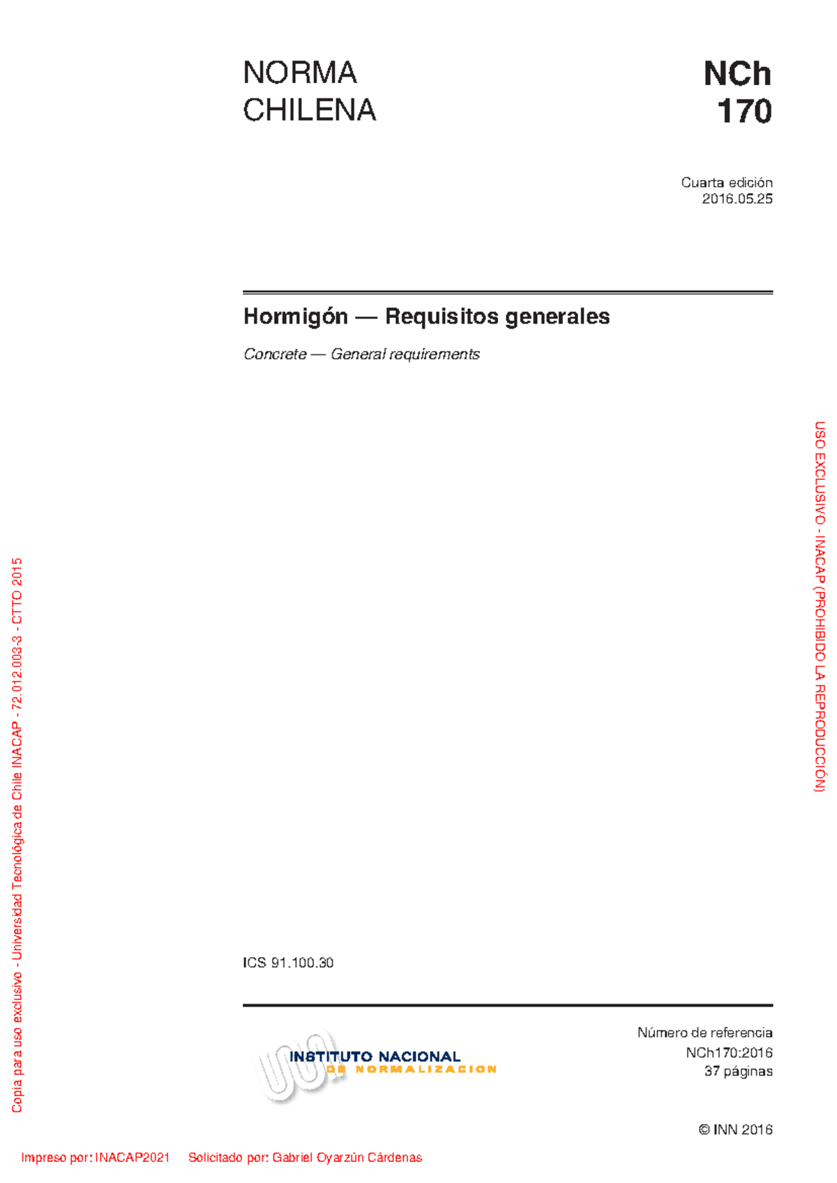 NCh 170-2016 - Requisitos Generales del Hormigón en Chile - Document Preview