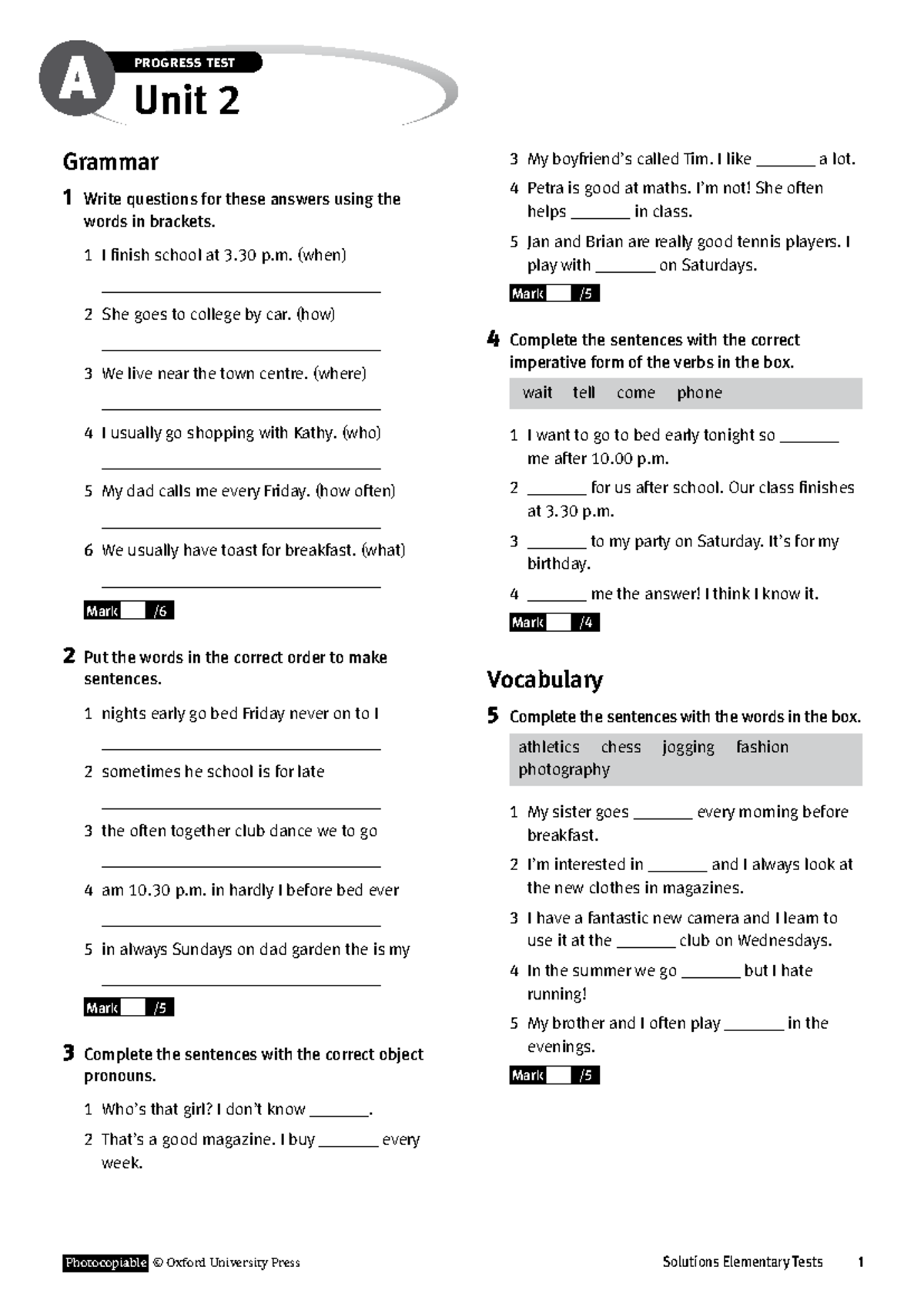 Unit 2A Progress Test: Grammar & Vocabulary Exercises - Studocu