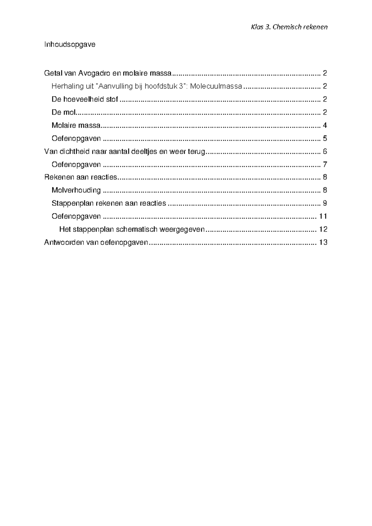 Klas 3. Chemisch rekenen - Scheikunde - Studeersnel