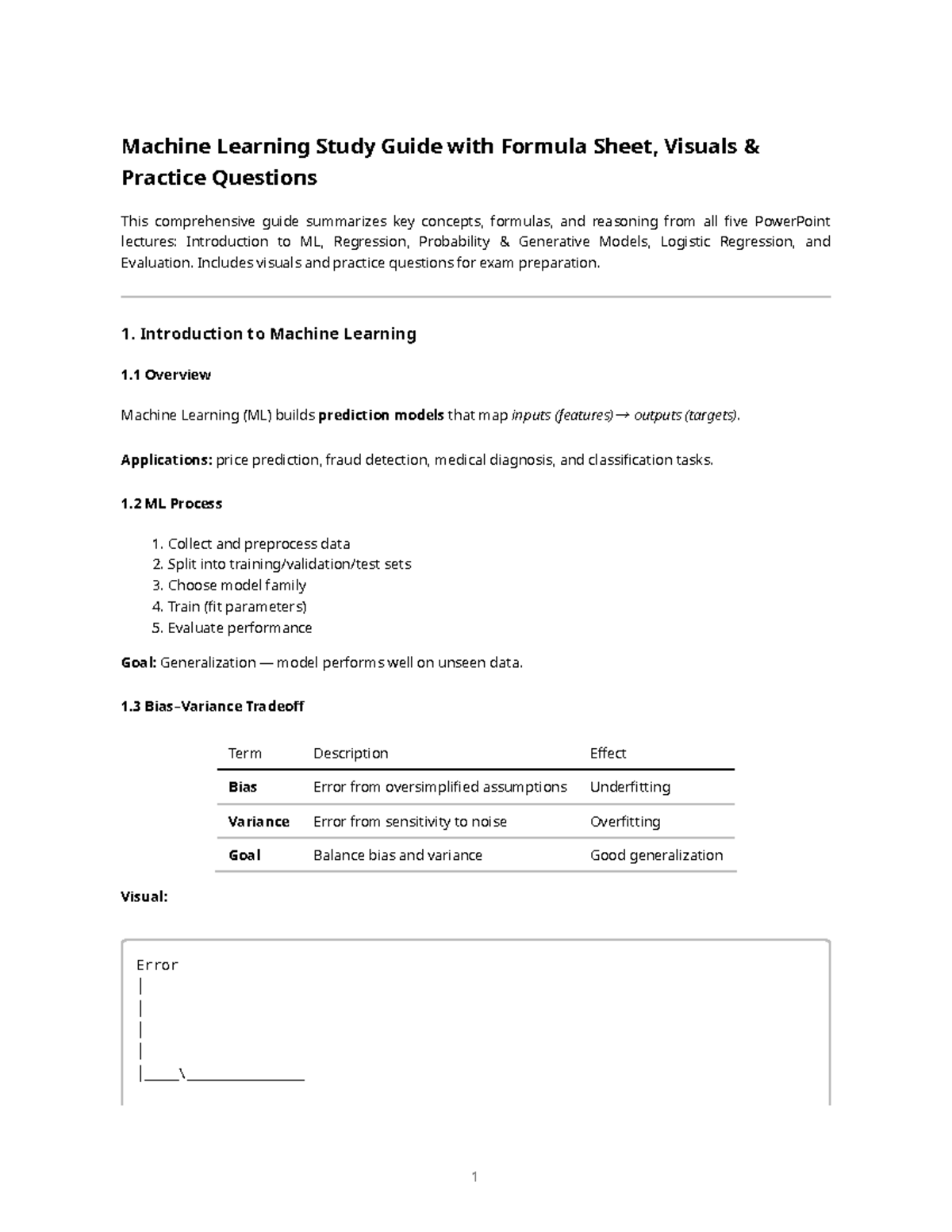ML Exam Study Guide: Key Concepts, Formulas & Practice Questions - Studocu