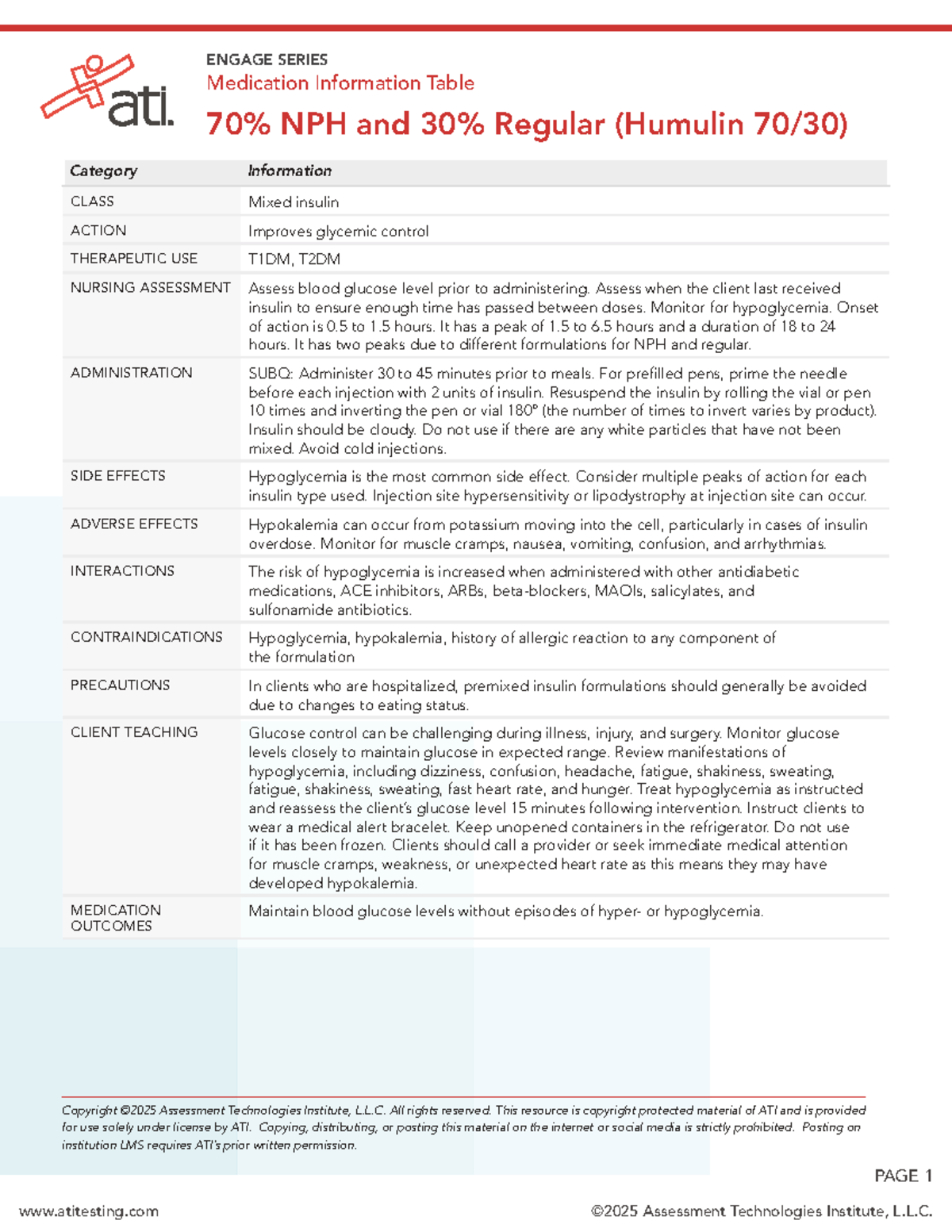 Engage Series: Medication Info Table for NPH & Regular Insulin - Studocu