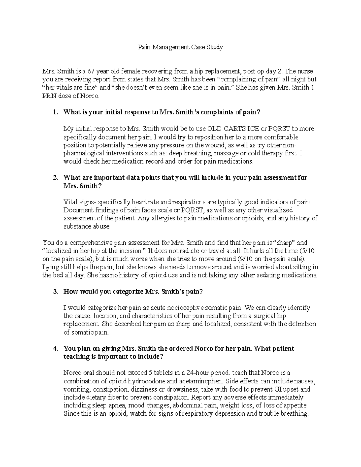 Pain Management Case Study for Nursing: Mrs. Smith's Experience - Studocu