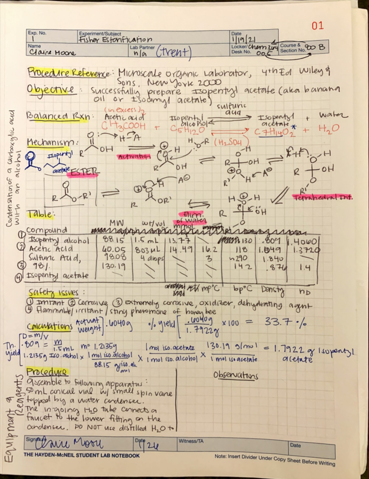 CHEM354 Lab 1: Fischer Esterification of Isopentyl Acetate - Studocu