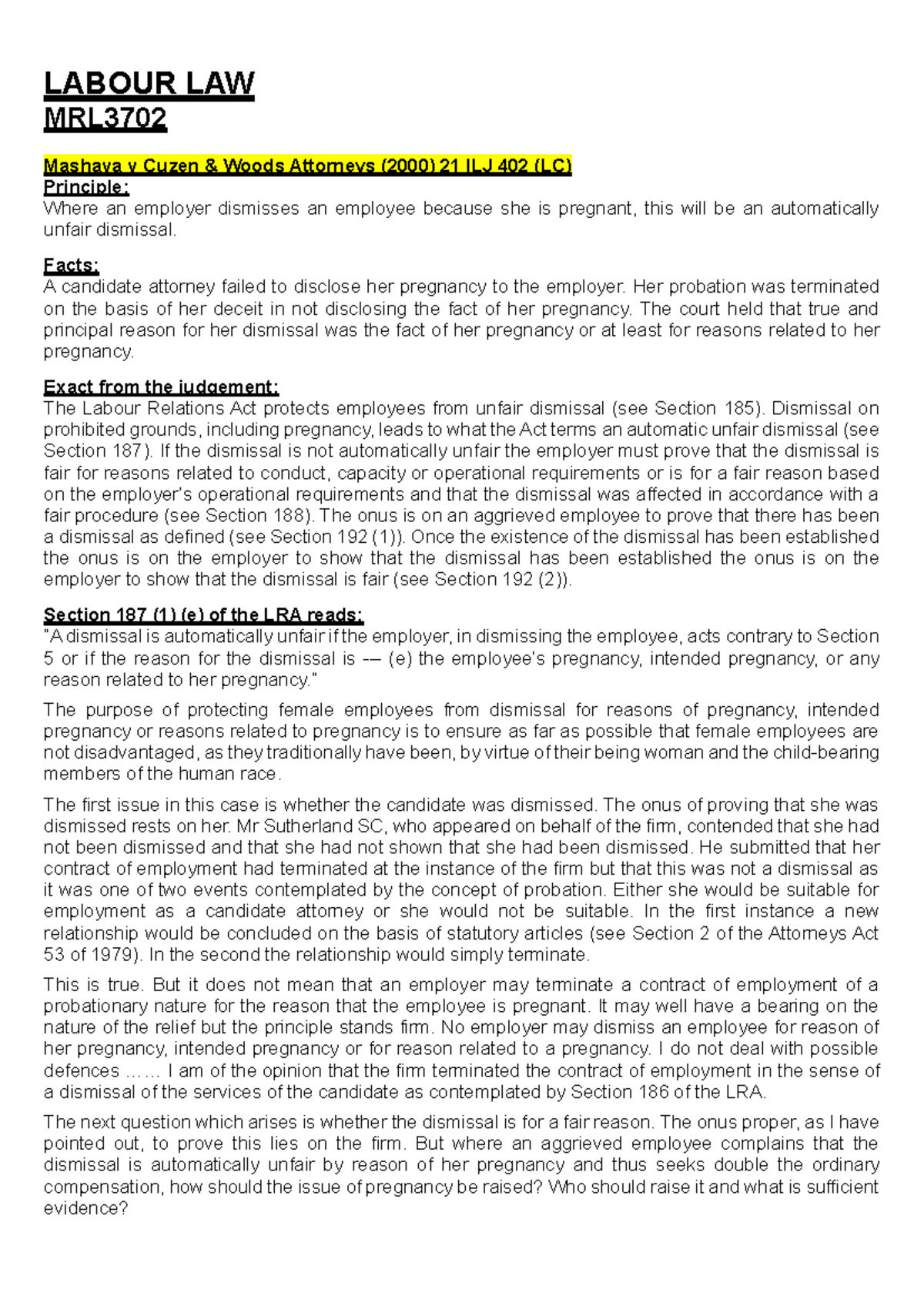 MRL3702 Labour Law Case Study: Unfair Dismissal & Cultural Beliefs ...