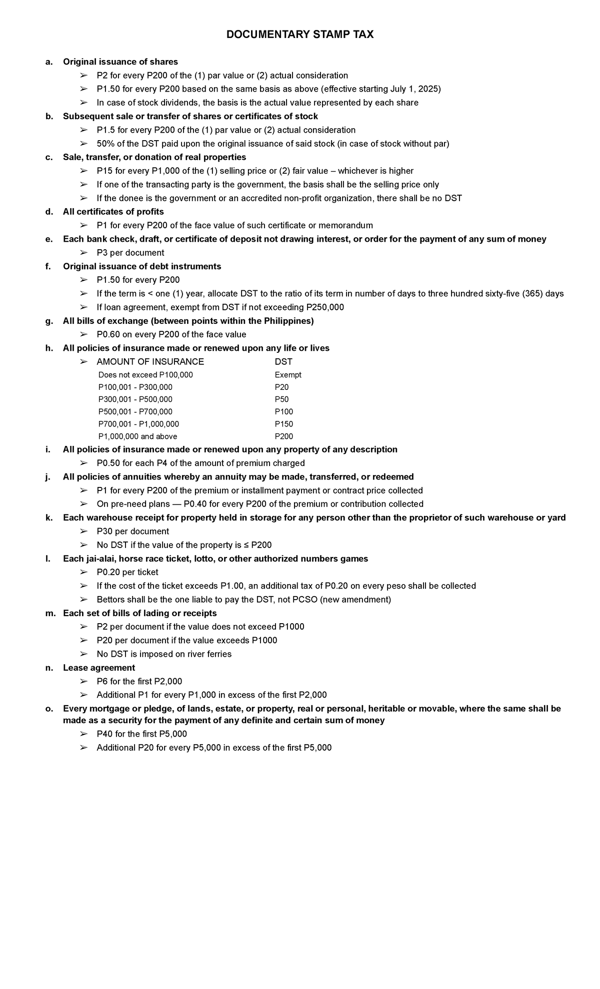 Documentary Stamp Tax Rates Guide: Key Provisions and Updates - Studocu