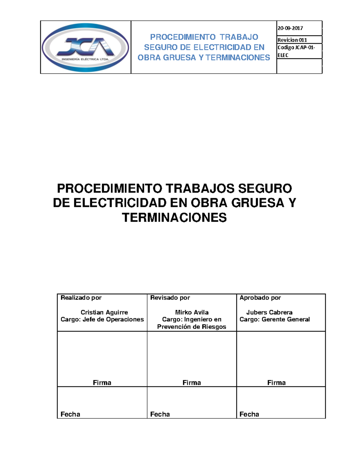Procedimiento de Trabajo Seguro en Electricidad - Obra Gruesa y Terminaciones - Document Preview