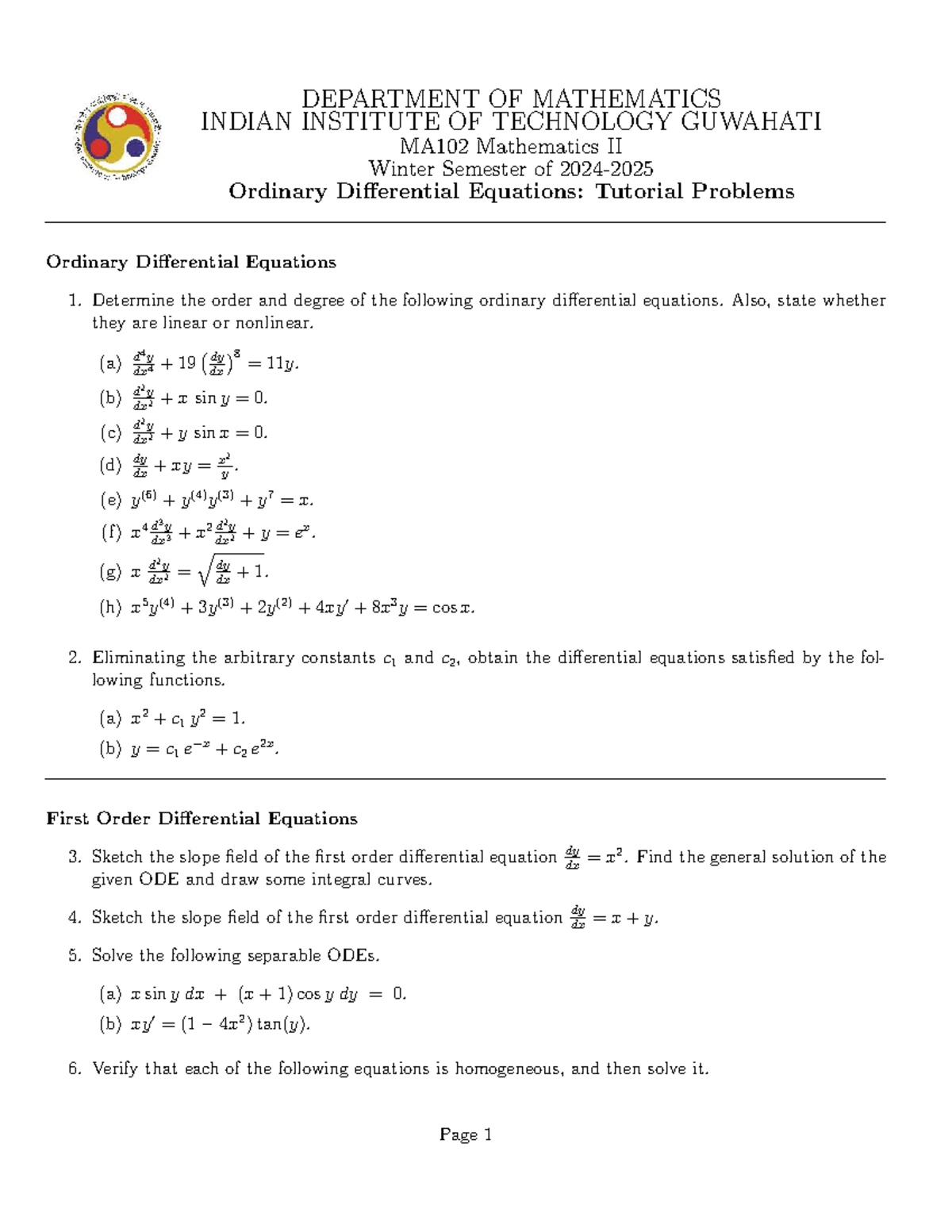 MA102 2025 Ordinary Differential Equations (ODE) Tutorial Problems ...