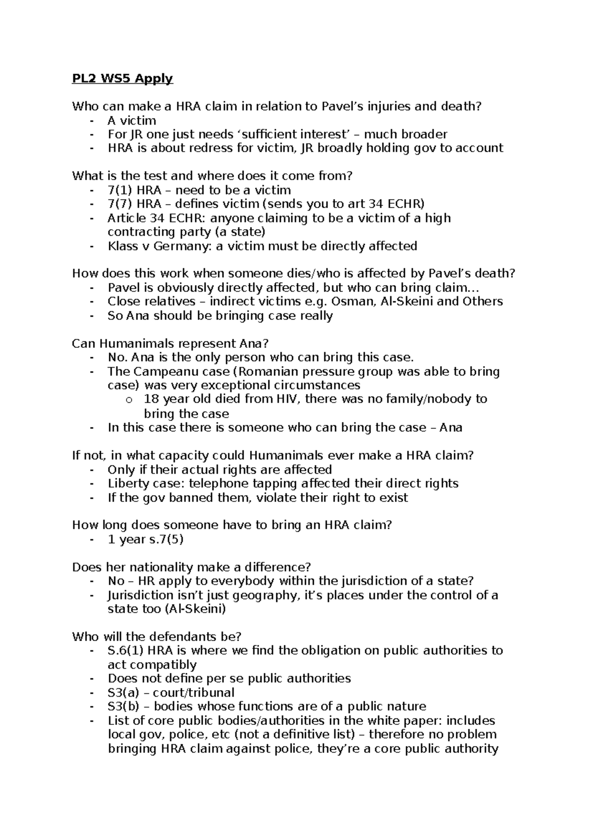 PL2 WS5 HRA Claims: Understanding Victim Status and Legal Tests - Studocu
