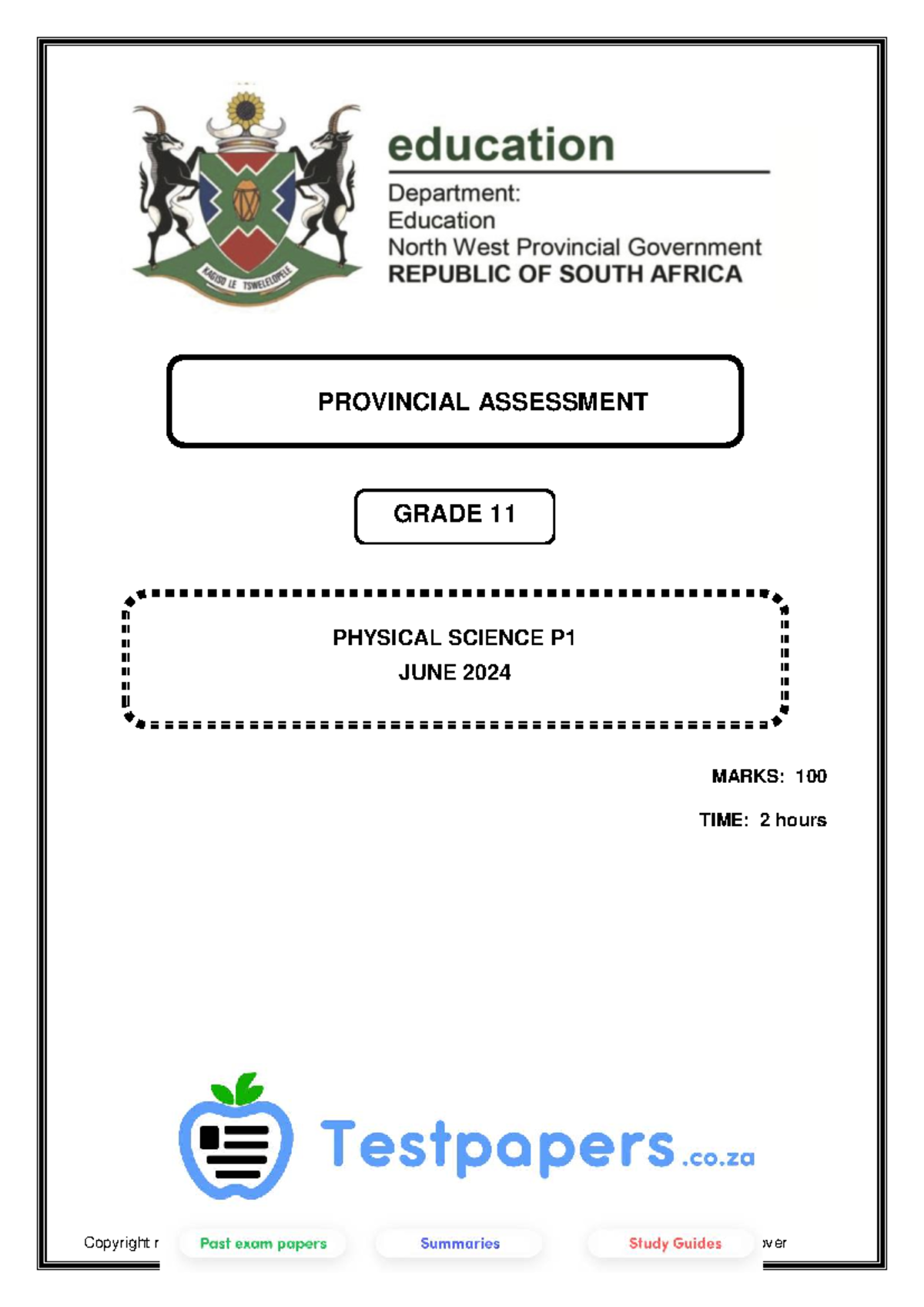NW 11 PHSC P1 QP ENG JUNE 2024 - Provincial Assessment Paper - Studocu